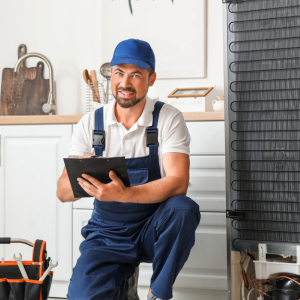 Home inspector kneeling in a kitchen, taking notes beside an open refrigerator.