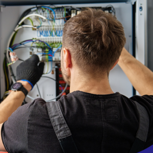 Inspector examining electrical panel wiring.